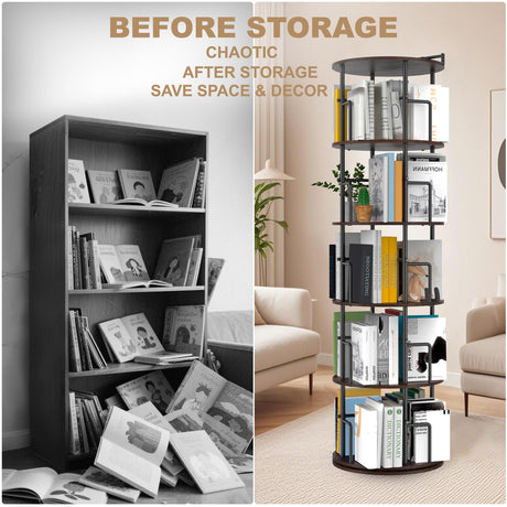 Amzeth Solid Wood Rotating Bookshelf, 5 Tiers, 360 Degree Rotating Bookshelf Tower, Round Floor Standing Rotating Bookcase with Anti-Tipping Design for Small Spaces, Corners, Bedrooms, Etc- Brown Amzeth