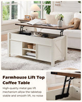 OKD 48" Farmhouse Lift Top Coffee Table with Sliding Barn Door,Rustic Center Table with Hidden Storage Compartment,Lifting Tabletop and Adjustable Shelf for Living Room,Office,Antique White OKD