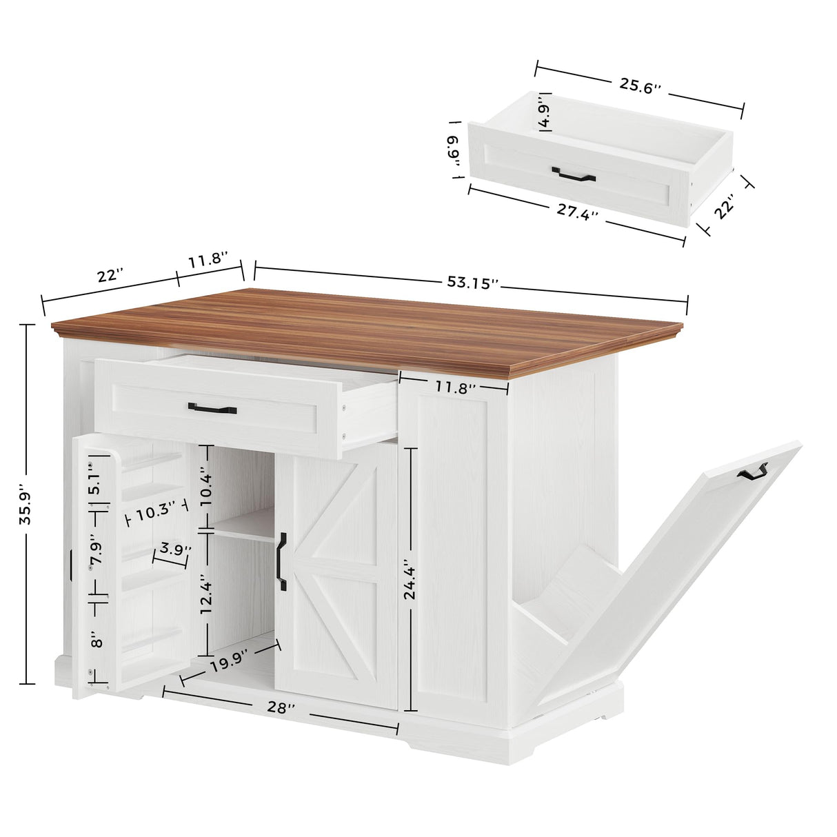 IRONCK Kitchen Island with Storage, Rolling Island Table on Wheels with Cart Drop Leaf and Trash Can Storage, Portable Islands Table for Dining Room, Living Room, White IRONCK