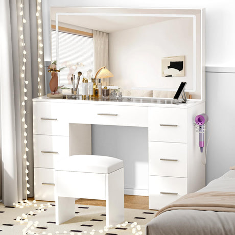 VALONDINO Makeup Vanity Desk with Power Outlet, 46'' Glass Top Vanity Set, 7 Drawers Vanity Table with Cushioned Stool, 3 Lighting Modes Brightness Adjustable,White VALONDINO