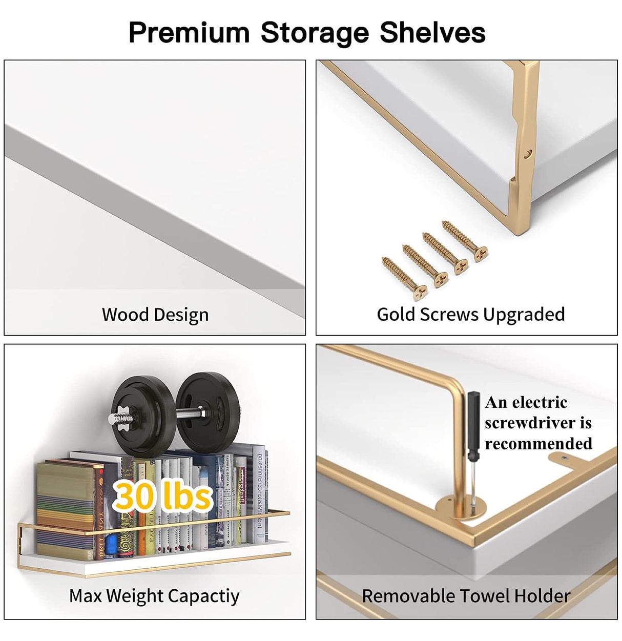 Shario White Floating Shelves - Set of 2, Wall Mounted Hanging Shelves with Golden Towel Rack, Decorative Storage Shelves for Bathroom, Kitchen, Living Room & Bedroom (White) Shario