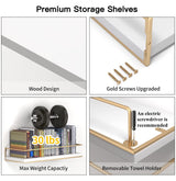 Shario White Floating Shelves - Set of 2, Wall Mounted Hanging Shelves with Golden Towel Rack, Decorative Storage Shelves for Bathroom, Kitchen, Living Room & Bedroom (White) Shario