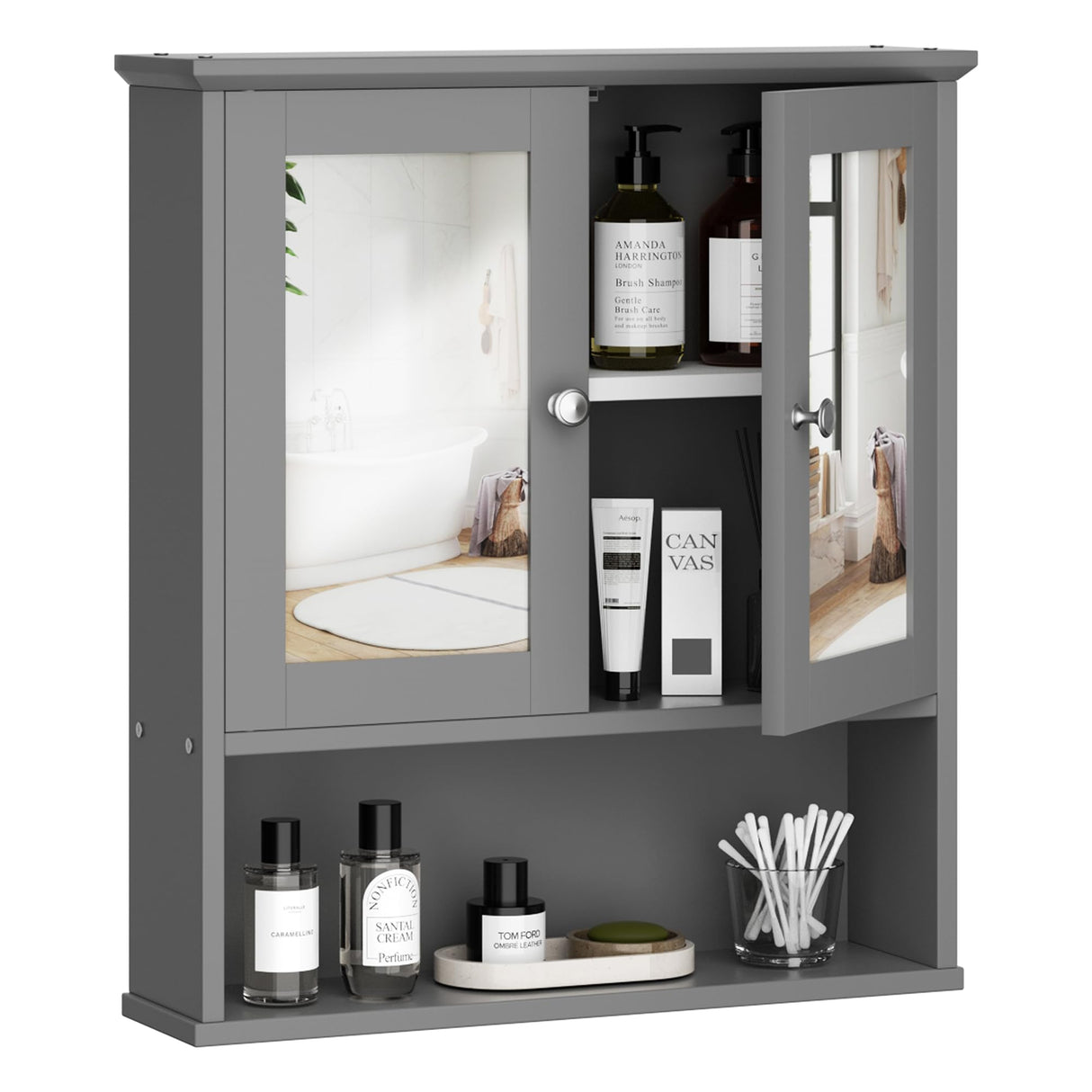 Shintenchi Bathroom Cabinet with Mirror, Wood Medicine Cabinet with Adjustable Shelf, Wall Mount Cabinet Storage, Cupboard, Gray Shintenchi