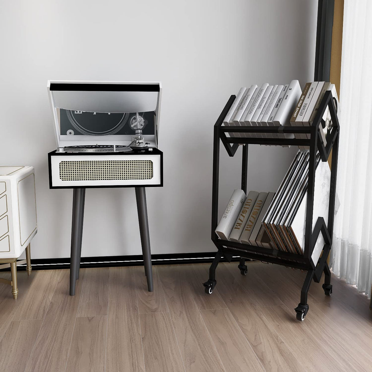 VEDECASA Bookshelf Book Rack Industrial Metal Bookcase 2 Tier Holder with Wheels Modern Stylish Design Magazines Files Album Recipe Book Storage Organizer for Sofa End Bed Beside VEDECASA