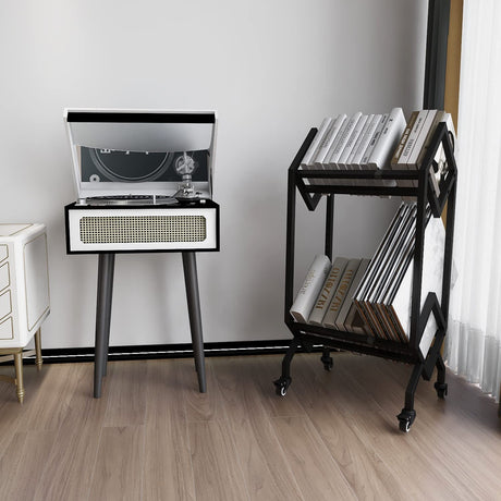 VEDECASA Bookshelf Book Rack Industrial Metal Bookcase 2 Tier Holder with Wheels Modern Stylish Design Magazines Files Album Recipe Book Storage Organizer for Sofa End Bed Beside VEDECASA