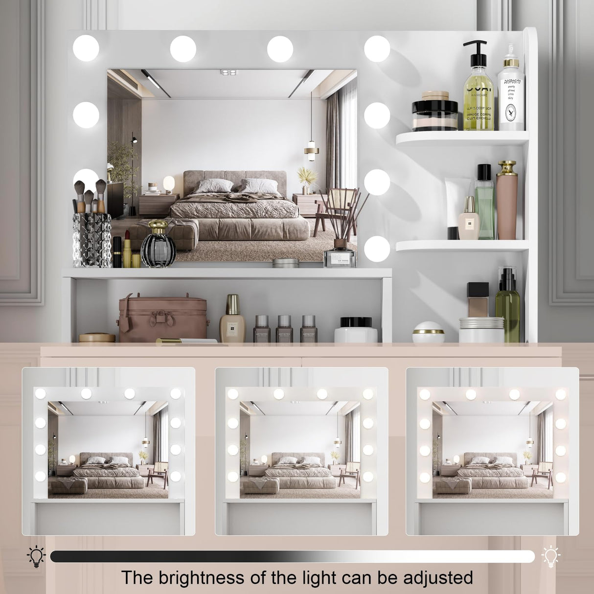 CUOZOVA Vanity Desk with Mirror and Lights, White Vanity with Lighted Mirror, Vanity with Lights with Drawers & Shelves, Makeup Vanity Desk with Lights for Bedroom & Dressing Room, 3 Lighting Modes CUOZOVA