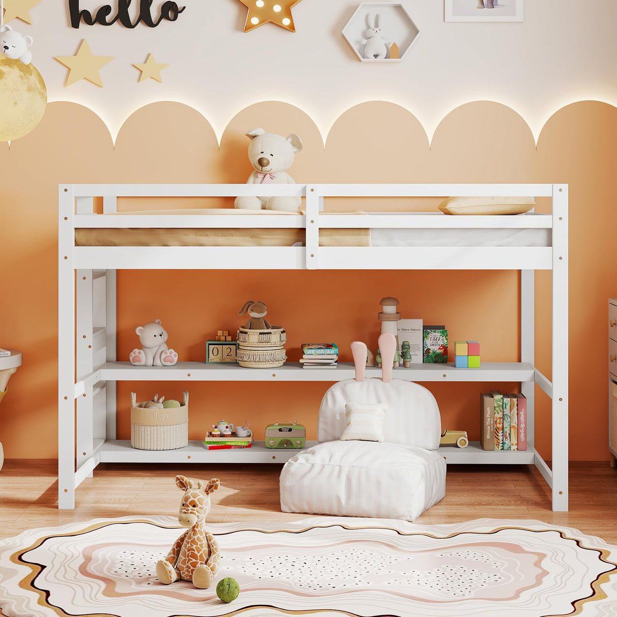 Giantex Twin Low Loft Bed with Storage Shelves, Wooden Loft Bed with Full-Length Guardrails & Ladder, Modern Space-Saving Twin Bed Frame for Kids Dorm Apartment, No Box Spring Needed, White Giantex