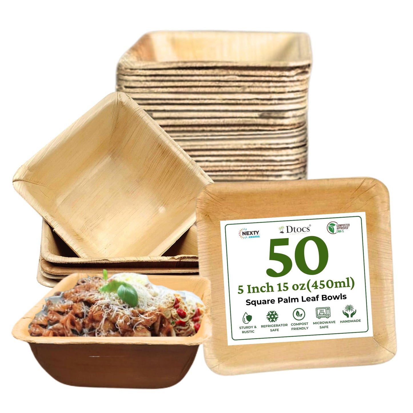 Dtocs 5 Inch Square Palm Leaf Bowls Set (50) | 15 Oz Bamboo Bowls Disposable Like Sturdy, Leak Proof Compostable Bowls | Serving Bowls for Fruit, Cereal, Soup | Alternate to Plastic, Wooden Bowls