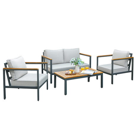 Devoko 4 Pieces Patio Furniture Sets Outdoor Conversation Set Acacia Wood Sofa Set with Coffee Table Thicker Sponge Cushion Devoko