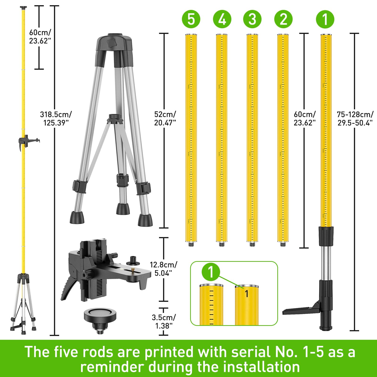 Huepar 12 Ft./3.7M Professional Laser Level Pole with Tripod and 1/4-Inch by 20-Inch Laser Mount for Rotary and Line Lasers, Adjustable Telescoping Laser Pole with 5/8"-11 Threaded Adapter-LP - WoodArtSupply