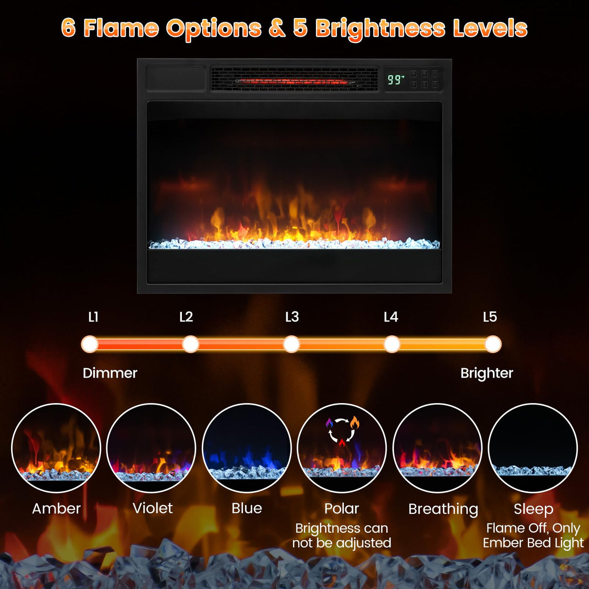 COSTWAY Electric Fireplace Inserts 23-inch Wide, 1500W Recessed Fireplace Insert with Remote Control, 6 Flame Colors, 5 Brightness, 8H Timer, Overheat Protection, Infrared Fireplace Heater for Indoor COSTWAY