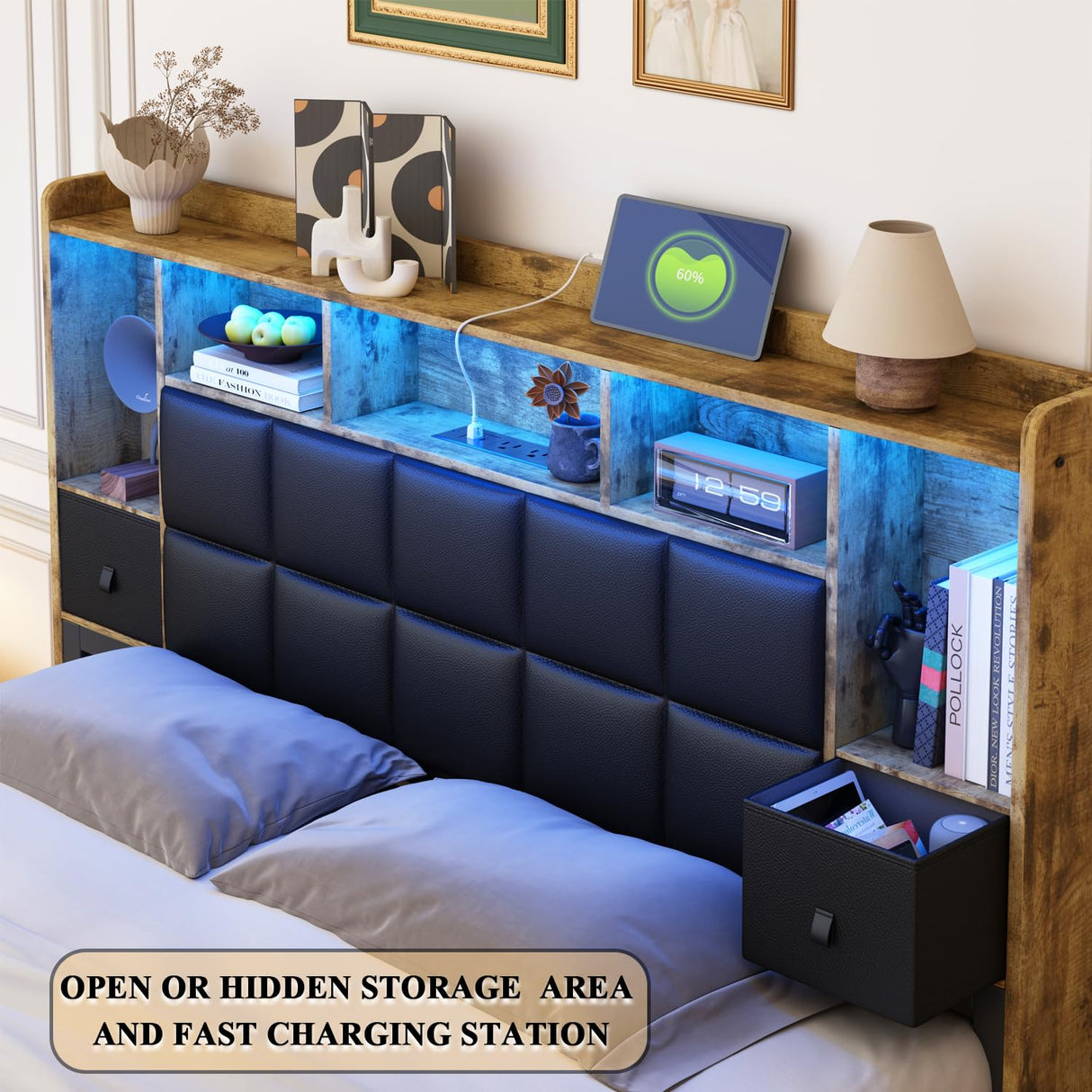 TIGUBFRE LED Bed Frame King Size with Bookshelf PU Leather Headboard, 2 Hidden Storage Drawers, Upholstered Platform Bed with Charging Station, Metal Slats Support, Noise Free, No Box Spring Needed TIGUBFRE