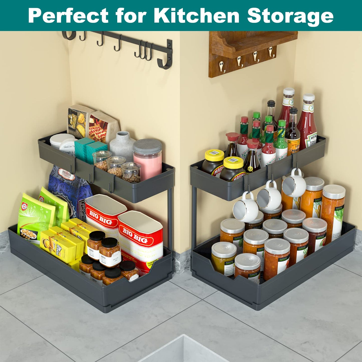 2-Tier Under Sink Organizers, 2 Pack Sliding L-shape Cabinet Organizers Narrow Space Storage Multi-purpose Sink Organizer for Bathroom Kitchen Drawer(Black 2 )