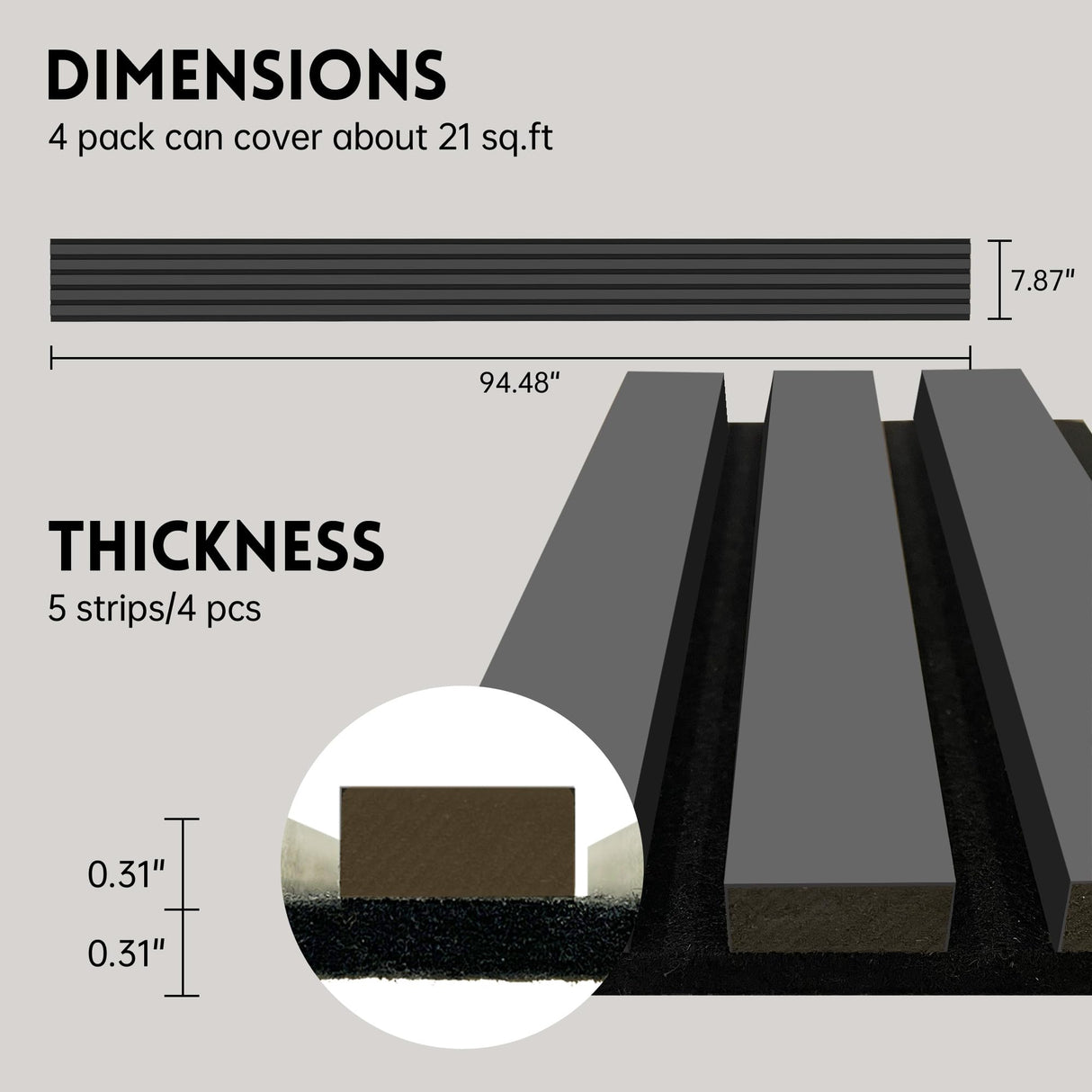 Ritollo Wood Panels for Wall, 4-Pack 94.48" x7.87" 3D Wood Slat Wall Panel, Acoustic Slat Wall Panel for Modern Interior Decor, TV Background, Living Room, Black RITOLLO