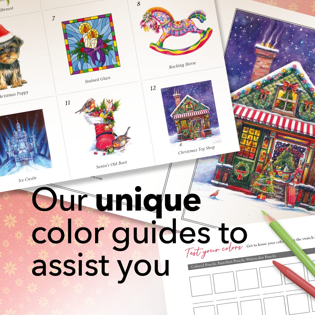 Castle Arts Christmas Colouring Book | Compendium of Cards, Calendar and Scenes Curated to Lift the Spirit | with Colour Reference Guide | No Show-Thru Artist Grade Paper | Frameable Landscape A4 Size Castle Art Supplies