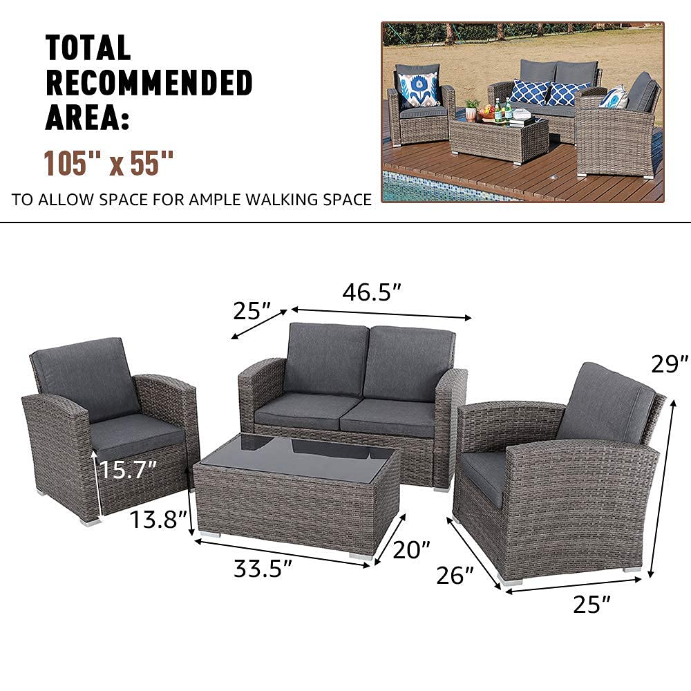 JOIVI Patio Furniture Set, All-Weather Outdoor U-Shaped Patio Conversation Set, 4 Piece PE Rattan Wicker Small Sectional Patio Sofa Set with Tempered Glass Coffee Table, Dark Gray JOIVI