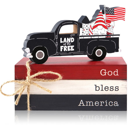 4th of July Decorations Wooden Book Stack Memorial Day Decorations God Bless America Sign Independence Day American Flag Truck Rustic Farmhouse Patriotic Decor for Tiered Tray Table Home Shelf Mantel MARVONTEL