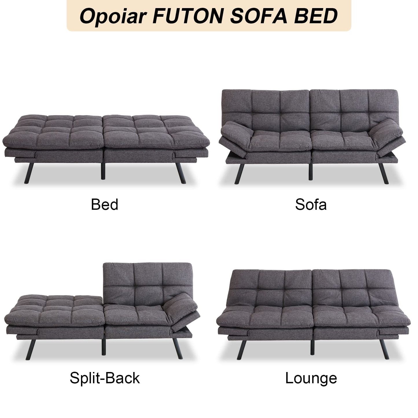 Opoiar Futon Couch,Convertible Futon Sofa Bed,Memory Foam Sleeper Sofa,Adjustable Modern Loveseat,Futon Sets, Sofa Bed for Compact Living Room,Apartment,Office,Grey