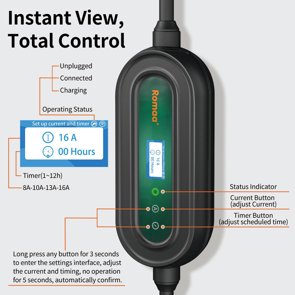 Level 1 EV Charger with APP, 16A 110V-240V NEMA 6-20 & NEMA 5-15 Plug Level 1/2 EV Charger, 25FT Cable J1772 Charger, Portable EV Charger, Electric Vehicle Charging Equipment, ETL FCC Certified Romaa