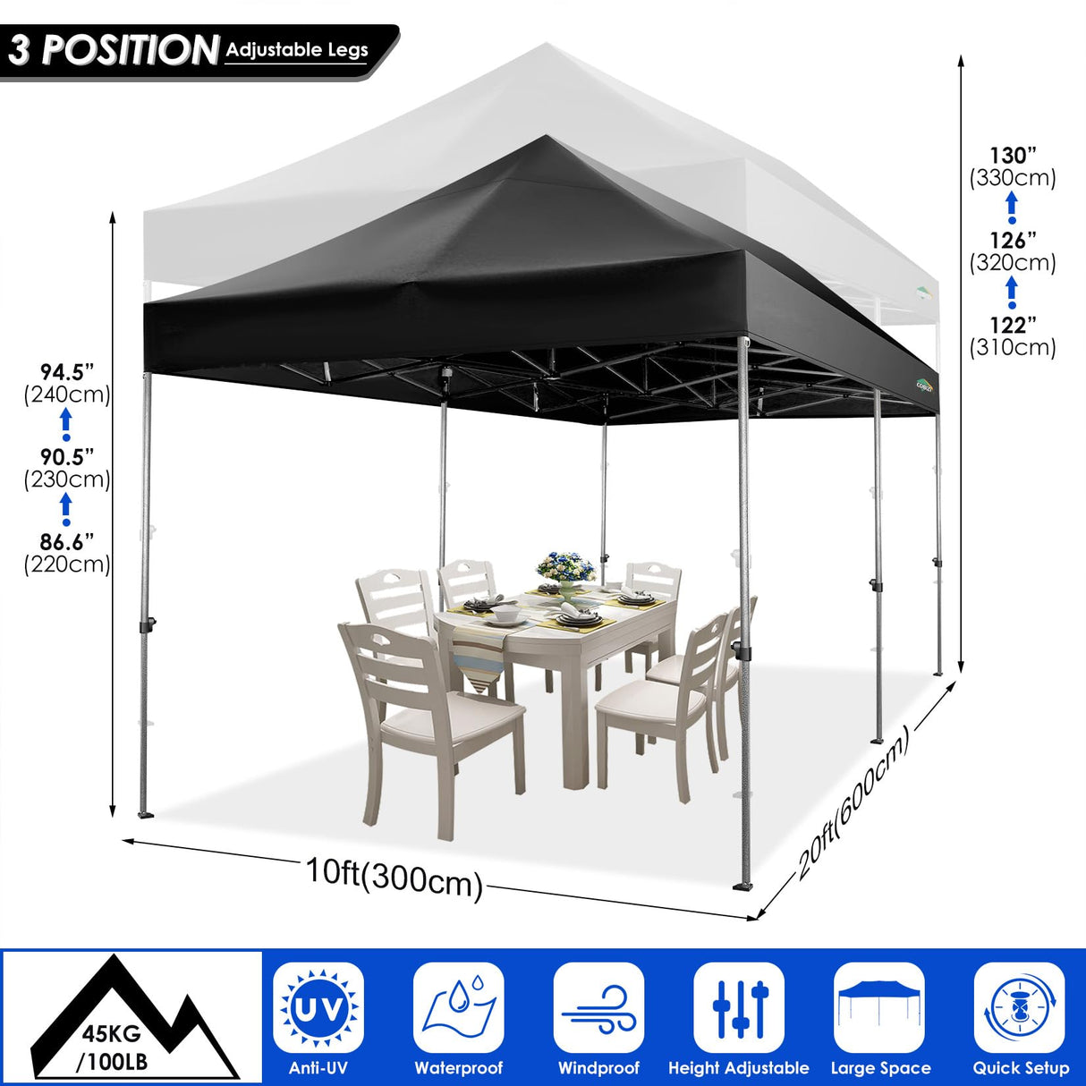 COBIZI 10x20 Heavy Duty Pop up Canopy Tent with 6 sidewalls Easy Up Commercial Outdoor Canopy Wedding Party Tents for Parties All Season Wind & Waterproof Gazebo with Roller Bag,Black(Frame Thickened) COBIZI