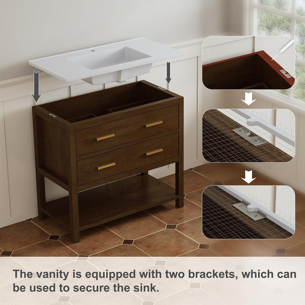 DELUXE LIVING 36 Inch Bathroom Vanity with Sink, Farmhouse Storage Cabinet with Drawers & Open Storage Shelf, Easy Assembly, Adjustable Feet, Walnut DELUXE LIVING