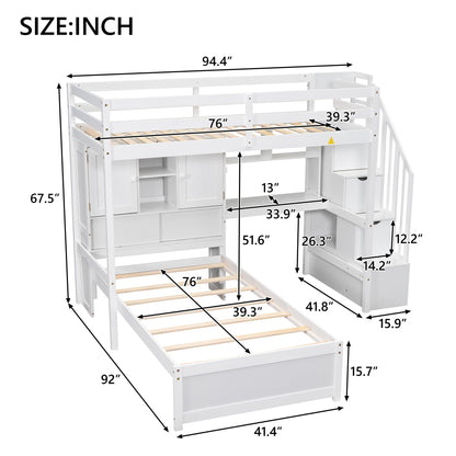 Twin over Twin Bunk Bed with Stairs and Desk, Solid Wood Loft Bed with Storage Shelves and Drawers, Stairway Bunk Bed Frame with Bookcase Headboard for Kids Teens Adults - White