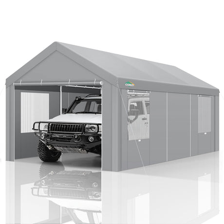 COBIZI Carport Canopy 12x20 Heavy Duty Portable Garage with Roll-Up Ventilation Windows & Doors, Removable Sidewalls Car Canopy Car Tent Waterproof with Built-in Sandbags for Cars, Boats, Trucks, Gray COBIZI