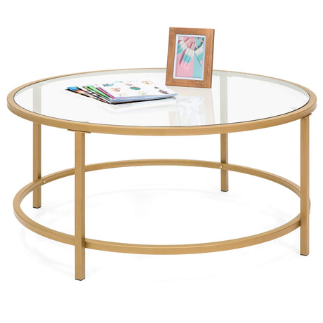 Best Choice Products 36in Modern Round Tempered Glass Accent Side Coffee Table for Living Room, Dining Room, Tea, Home Décor w/Satin Trim, Metal Frame, Non-Marring Foot Caps - Bronze Gold Best Choice Products