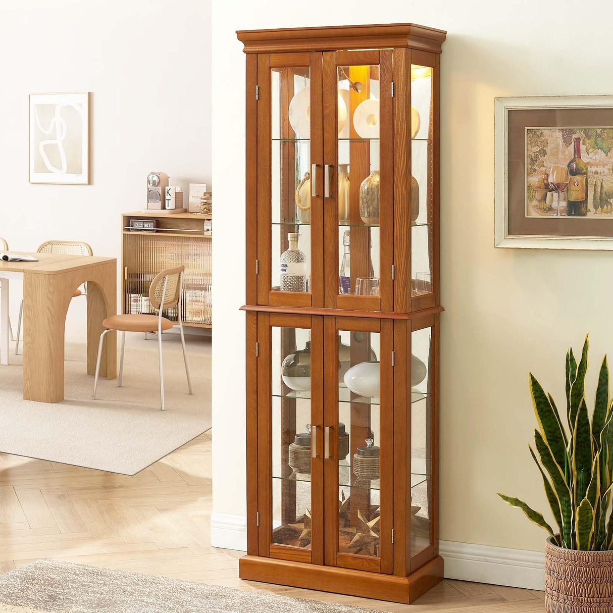 Firscook Curio Cabinet Wooden Display Cabinet,Curio Cabinet with Adjustable Glass Shelves Vintage, Lighted Curio Diapaly Cabinet,Vintage Accent Storage Cabinet with 6 Shelves,70" Curio Cabinet(Oak) Firscook