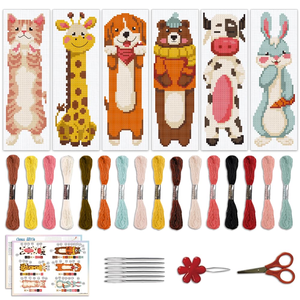 ACRNIGHEET 6PCS Cross Stitch Bookmark Kit for Beginner Cartoon Animals Stamped Cross Stitch Kits for Adults DIY Embroidery Bookmark Kits Crossstitch Kits Adult with Instructions Hand Craft Gift 11CT ACRNIGHEET