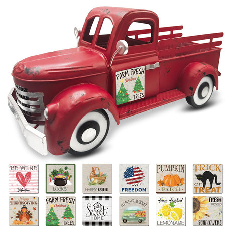 Teeloray Christmas Red Truck Decor 13.4 Inch Farmhouse Vintage Metal Truck with 12 Magnets Indoor Christmas Table Decorations for Home Kitchen Mantel Winter Holiday Xmas Interchangeable Seasonal Decor Teeloray