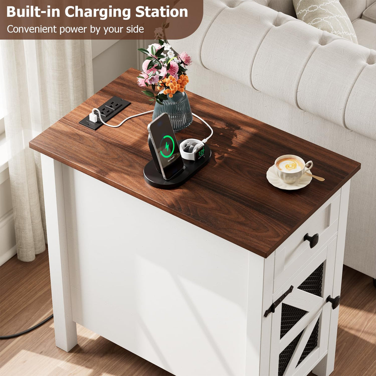 HAIOOU Farmhouse End Table with Charging Station, Narrow White Side Tables with Storage Cabinet and Drawer, Wood Nightstand with Power Outlets & USB Ports for Bedroom, Living Room HAIOOU