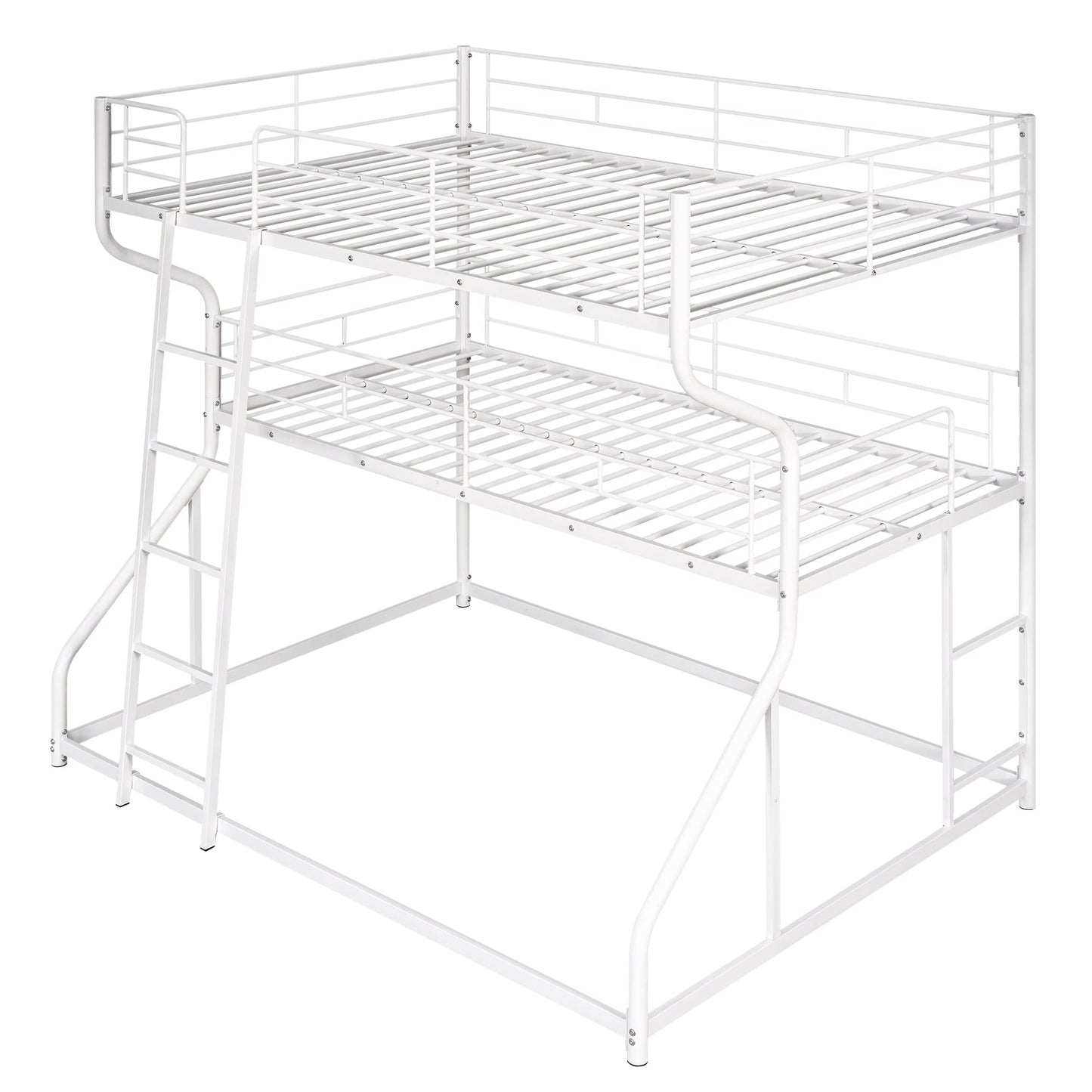 Metal Triple Bunk Beds, Full XL over Twin XL over Queen Bunk Beds for 3, Modern Style Heavy-Duty Steel Frame Bunk Bed with Safety Rail, Built-in Ladder for Bedroom, Dorm, Kids, Teens, Adults (White)