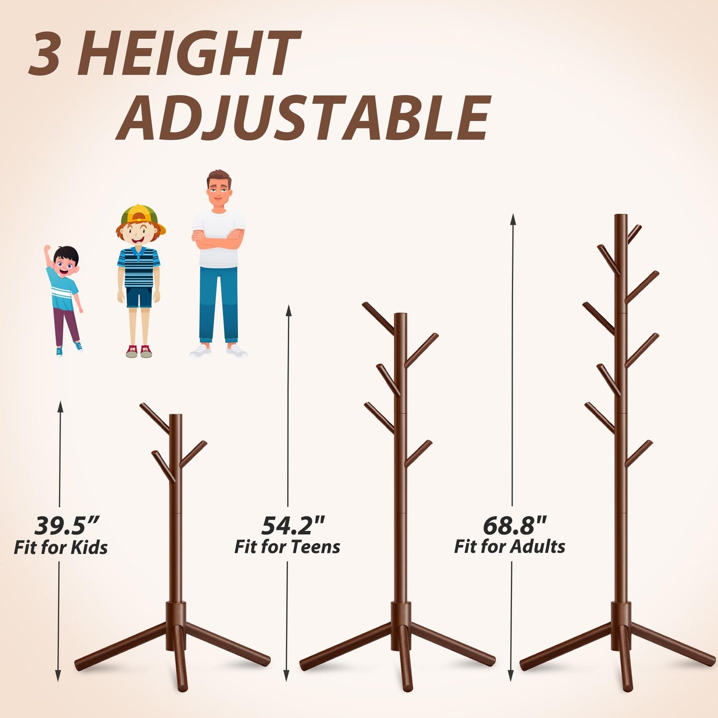 Unisakey Durable Wooden Coat Rack, Freestanding Coat Rack with Stable Triangular Base, 8 Hooks & 3 Adjustable Heights, Simple Assembly for Bedroom, Hallway, Office(New Brown)