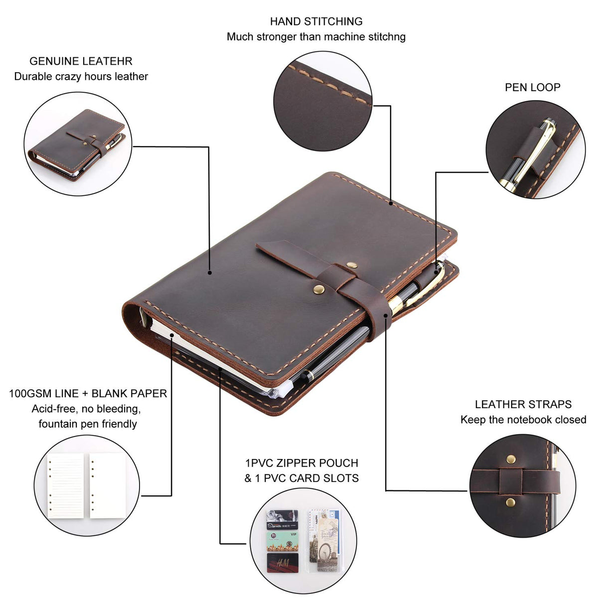 Genuine Leather Journal Writing Notebook, A6 Ring Binder Refillable Diary Notepads, Vintage Handmade Travel Organizer Agenda for Men Women - Coffee Robrasim