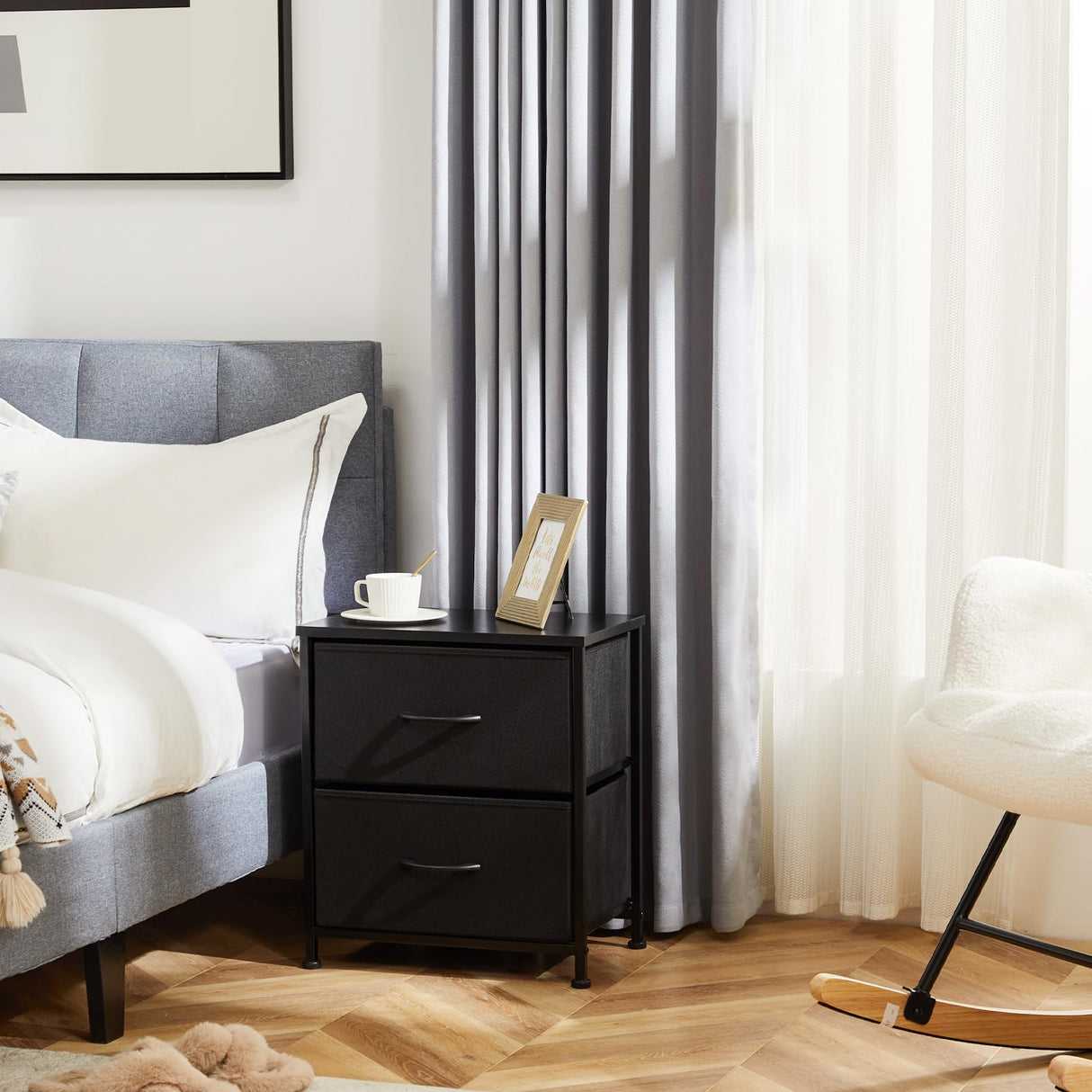 DUMOS Nightstand Set of 2, Small Dresser with 2 Fabric Drawers Side Bedroom End Table Kids Bedside Storage Furniture for 25 inch Tall Night Stand for Closet, Entryway, College Dorm, Black, M-2 Pack DUMOS