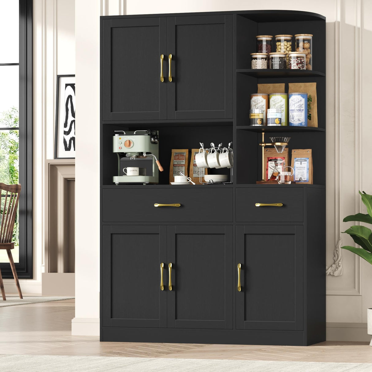 BOTLOG 67" Kitchen Pantry Cabinet, Modern Kitchen Hutch with 5 Doors and 2 Drawers, 3-Tier External Shelf, Large Pantry Storage Cabinet with Microwave Stand for Dining Room, Black BOTLOG