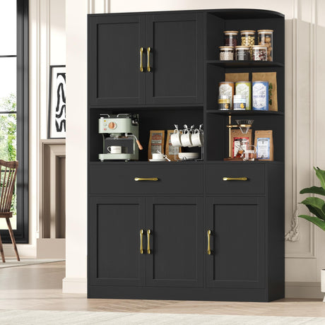 BOTLOG 67" Kitchen Pantry Cabinet, Modern Kitchen Hutch with 5 Doors and 2 Drawers, 3-Tier External Shelf, Large Pantry Storage Cabinet with Microwave Stand for Dining Room, Black BOTLOG