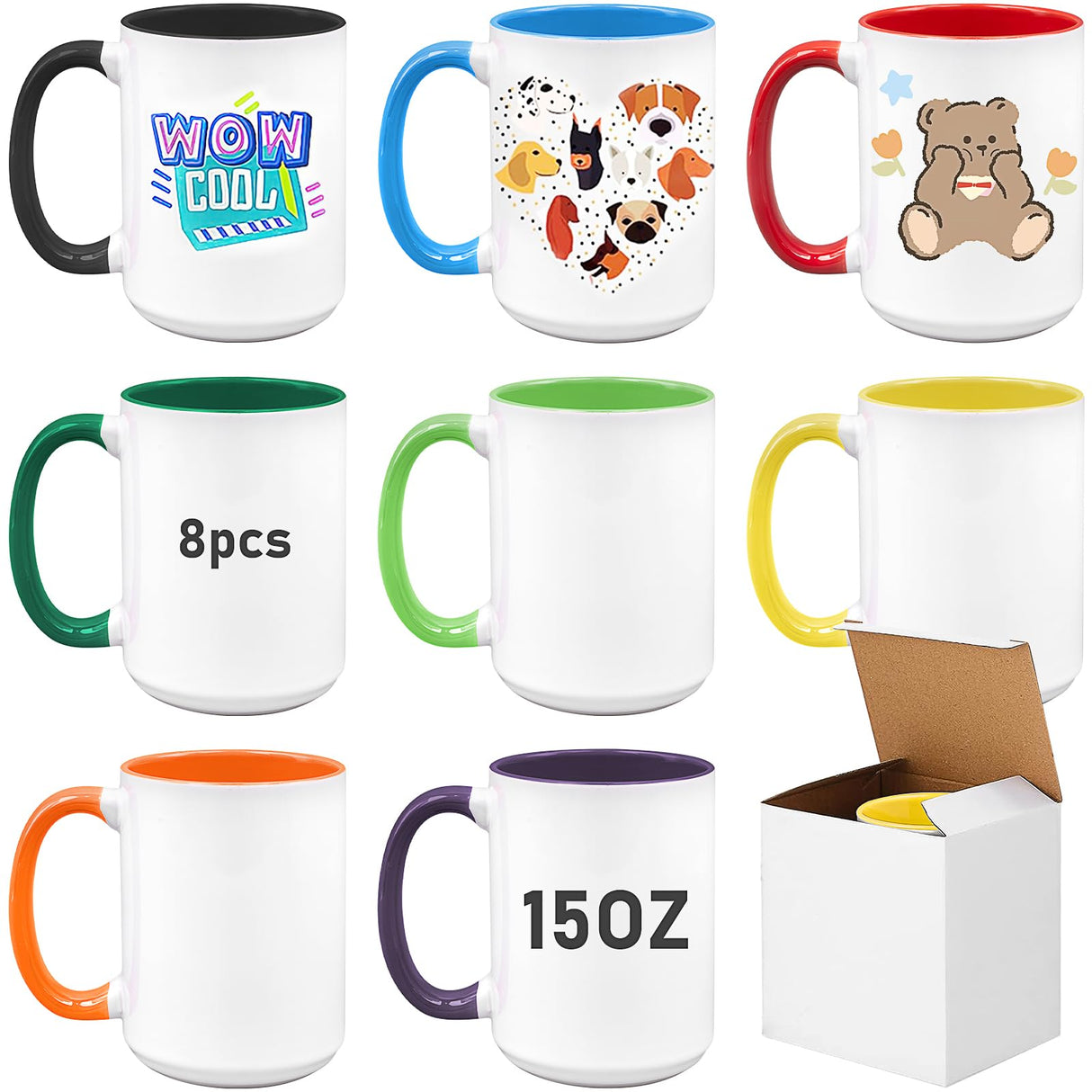 KisSealed 8 Pack Sublimation Mugs Blank,15oz Sublimacion Coffee Mugs Ceramic Cups with Box,Tazas Para Sublimacion,Bulk Mugs for Milk Tea Latte Hot Cocoa,8 Colors KisSealed