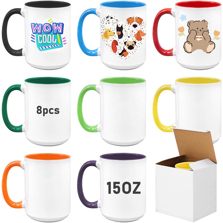 KisSealed 8 Pack Sublimation Mugs Blank,15oz Sublimacion Coffee Mugs Ceramic Cups with Box,Tazas Para Sublimacion,Bulk Mugs for Milk Tea Latte Hot Cocoa,8 Colors KisSealed