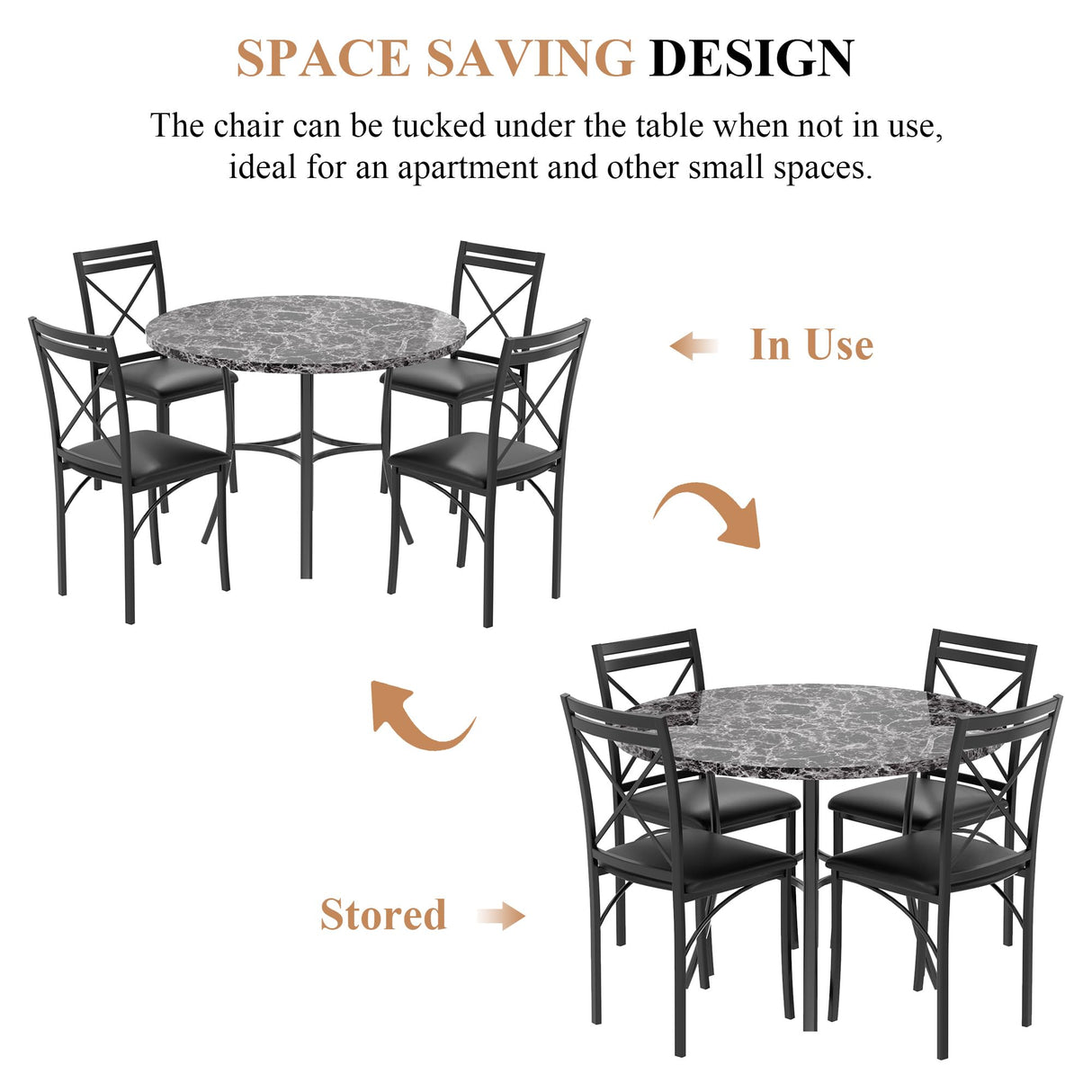 VECELO 5 Piece Dining Table Set for 4, Faux Marble Dinette with Chairs for Kitchen, Breakfast Nook, Small Space, Dark Black VECELO