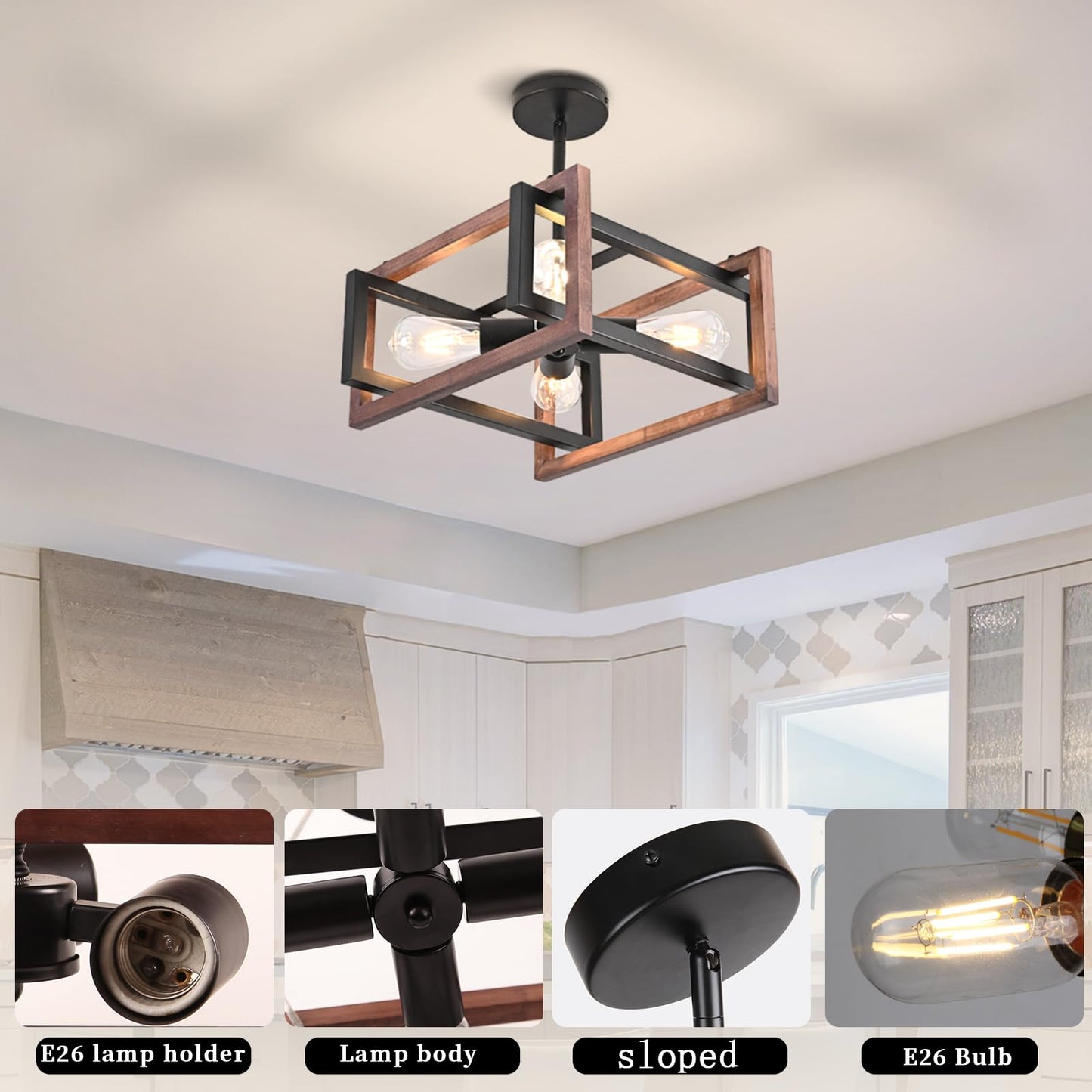 HuisMier 4-Light Farmhouse Ceiling Light Fixtures, Rustic Wood and Metal Semi Flush Mount Ceiling Light Black Industrial Chandelier for Dining Room Hallway Kitchen Entryway Bedroom Living Room