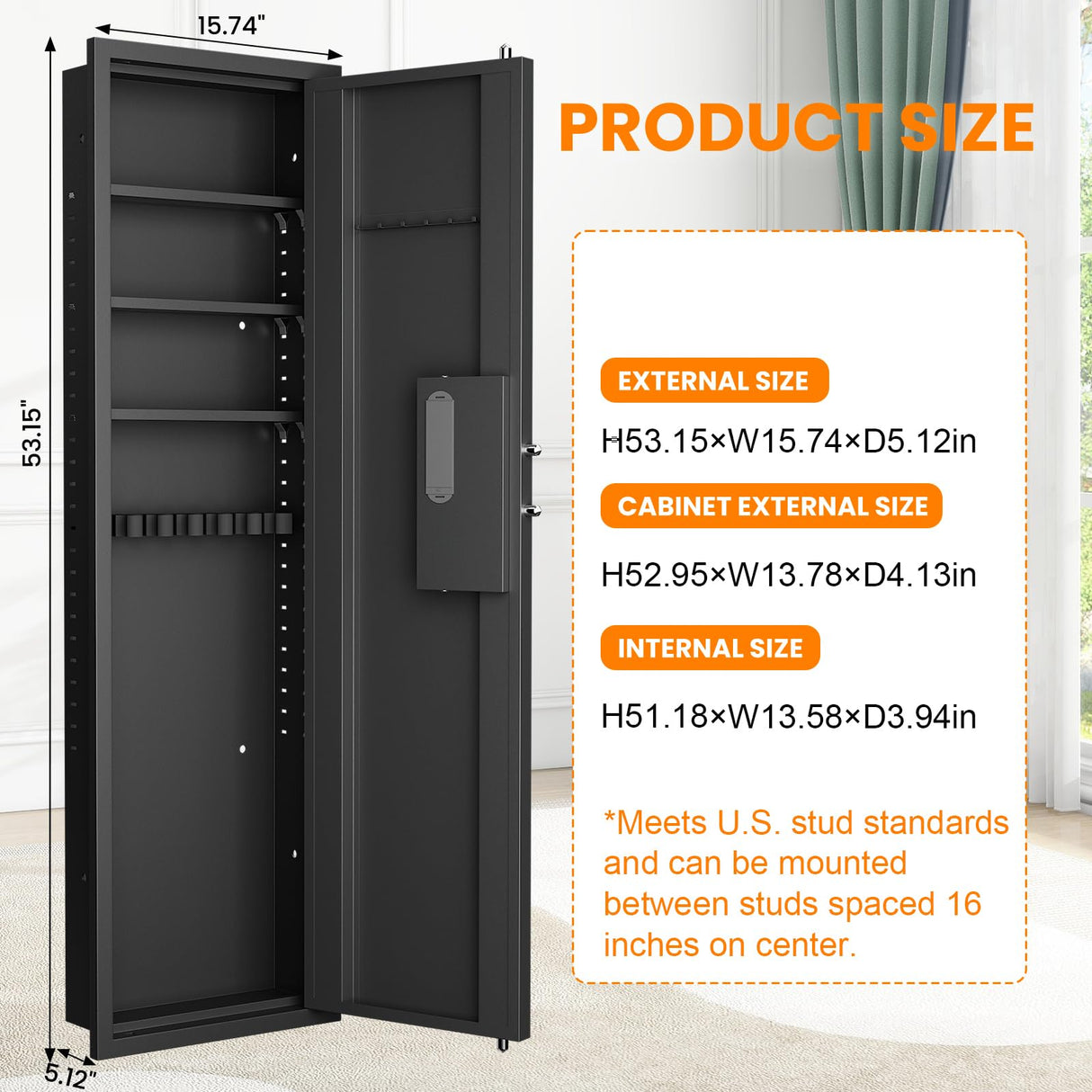 Omethey 53.15" Wall Safe Between the Studs, Hidden Safe with Dual Alarm System and Silent Mode, Wall Gun Safe with 3 Adjustable Shelves and Magnetic Slot (Black-Digital) Omethey