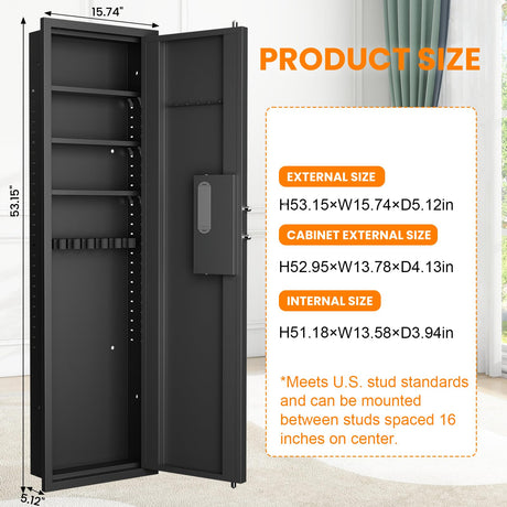 Omethey 53.15" Wall Safe Between the Studs, Biometric Fingerprint Hidden Safe with Dual Alarm System and Silent Mode, Wall Gun Safe with 3 Adjustable Shelves and Magnetic Slot (Black-Fingerprint) Omethey