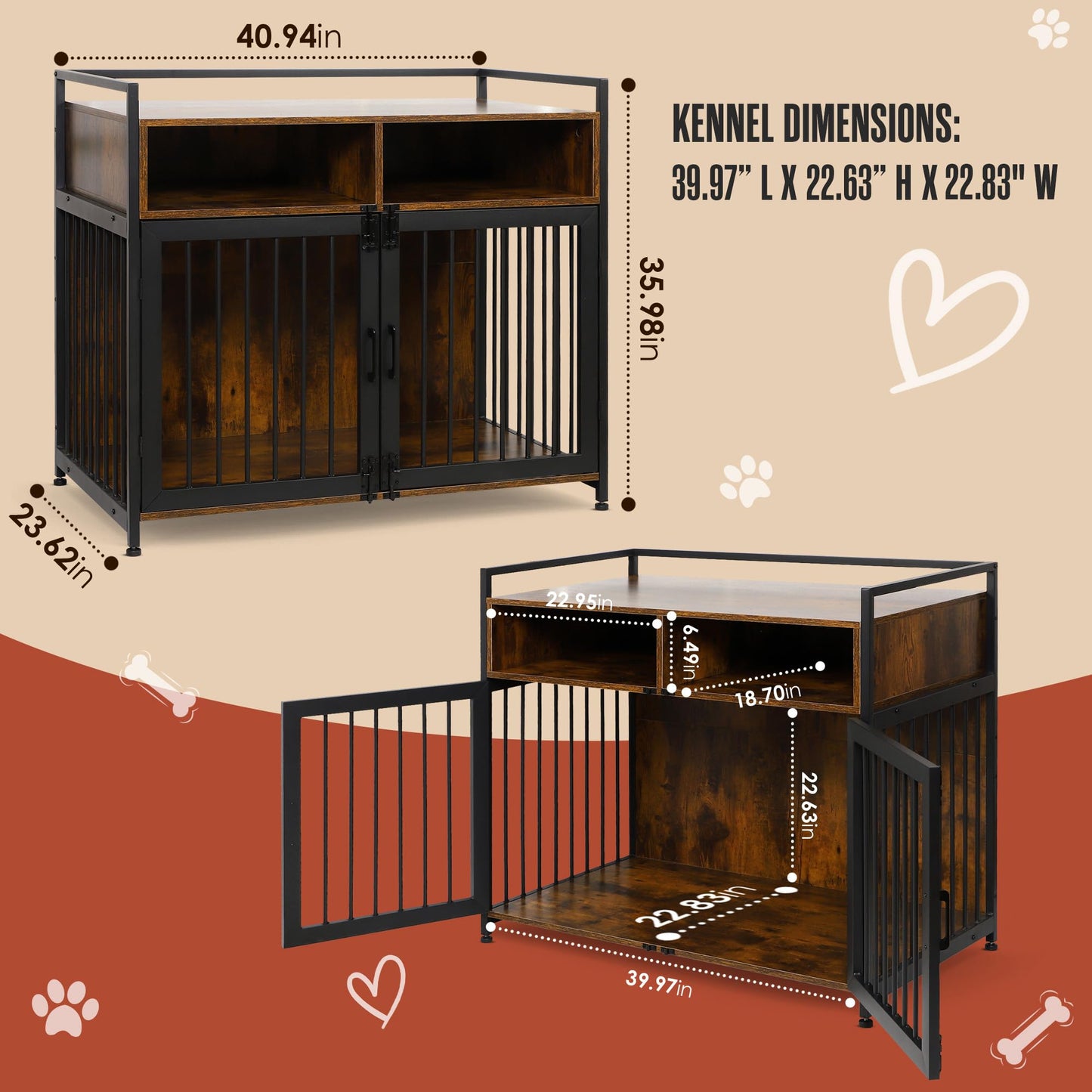 Houseables Dog Crate Furniture, Dog Kennel Indoor, Medium Dog Crate, Dog Kennel Furniture, 41 Inch, Metal, Rustic Brown Wood, Dog Crate Table, Wooden Dog Crate Furniture, Furniture Crate for S-M Dogs