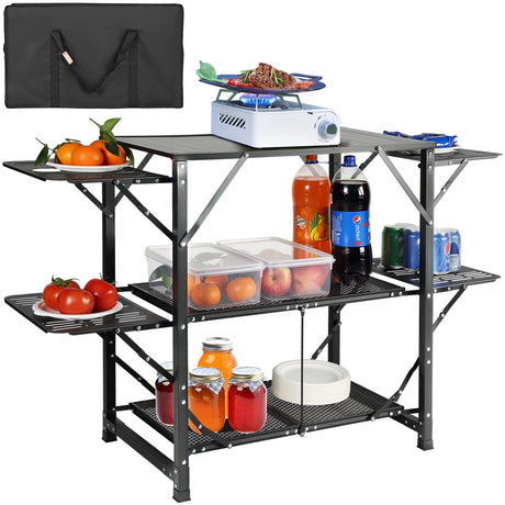 VEVOR Camping Kitchen Table, Aluminum Folding Portable Outdoor Cook Station with 4 Iron Side, 2 Shelves & Carrying Bag, Quick Installation for Picnic BBQ Beach Traveling VEVOR