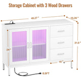 Aheaplus Sideboard Buffet Cabinet with 3 Wood Drawers, Storage Cabinet with Power Outlet, Coffee Bar Cabinet with LED light, 2 Doors, Modern Accent Cabinet Console Table for Kitchen Dining Room, White Aheaplus