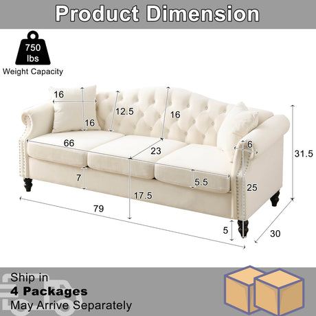 amervanito 2 Piece Modern Beige Velvet 79" 3-Seater Sofa Sets, Chesterfield Button Tufted Nailhead Combination Couch with 4 Pillows, Trimming Curved Backrest & Rolled Arm Sofa for Living Room amervanito