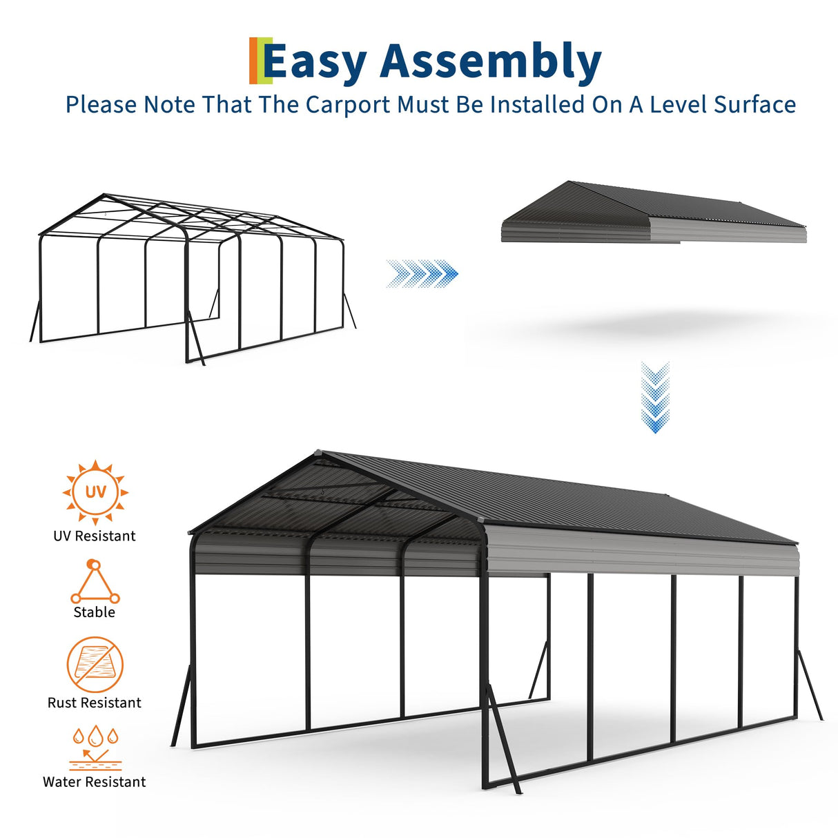 12x20 FT Metal Carport, Heavy Duty Carports Canopy with Galvanized Steel Frame & Roof, Outdoor Garage Car Port for All-Weather, Outdoor Galvanized Shelter for Car, Boats and Truck Reljofum