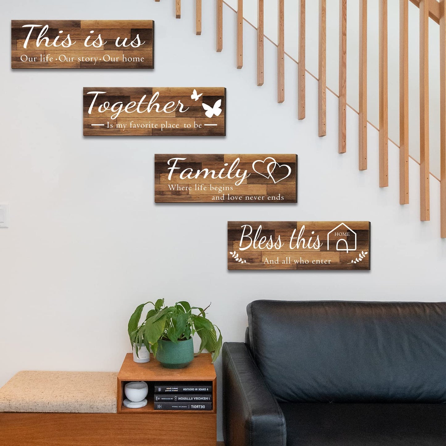 4 Pieces Home Wall Signs, THIS IS US/TOGETHER/BLESS THIS HOME/FAMILY Wall Decor For Living Room Bedroom, Rustic Wooden Farmhouse Wall Art , 4.7 x 13.8 Inch(Brown)